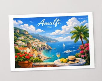Amalfi Coast Italy Postcard, Italian Riviera Illustration, Mediterranean Travel Art, Coastal Italy Postcard, Italy Souvenir
