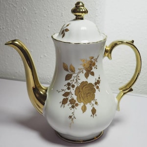 Caffettiera vintage Wunsiedel Bavaria, decorazione con rose dorate, dorature elaborate, oro bianco, oggetto da collezione, porcellana fine, 25 cm, stoviglie retrò