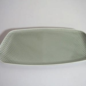 May include: A rectangular, pale green serving platter with a white rim. The platter features a textured surface with a repeating dot pattern. The shape is slightly asymmetrical, with rounded corners.