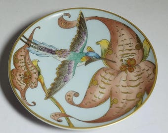Plato de colección Hutschenreuther, miniatura de colibrí de Ole Winther, plato de pared de porcelana, motivo de pájaro vintage, regalo, borde dorado, 10,5 cm