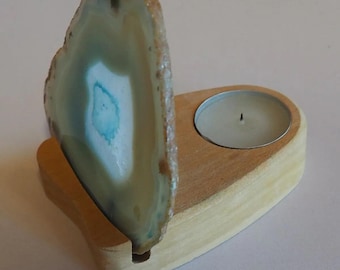 Portacandele in agata, fetta di agata blu su base di legno, decorazione con pietre preziose, regalo minerale, stile boho, decorazione naturale, lanterna di cristallo