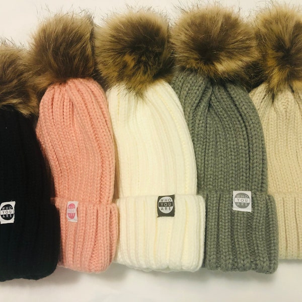 Beanies for Women | Cable Knit Beanies for Women | Removable Fur Pom | Winter Pom Hat | Hats for Women | Handmade | Woven Logo Patch on Hem