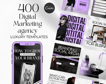 400 Paquete de agencias de marketing digital Publicaciones en redes sociales Canva púrpura / Paquete de marketing, kit de marca / Plantilla de marketing instagram