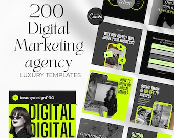 200 Digital Marketing Agency Social Media Posts Canva Marketing agency | Marketing bundle, branding kit| Marketing Template instagram neon