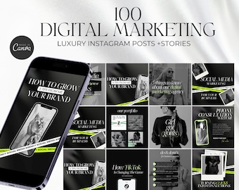 May include: A collage of black and white images with green and yellow accents. The images feature text about digital marketing, social media, and growing your brand. The text includes phrases like "How to Grow Your Brand", "Social Media Marketing", and "Phone Consultation".