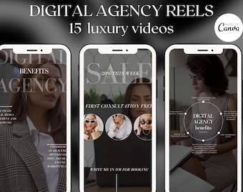 Op de afbeelding: Drie telefoon-schermmockups die verschillende aspecten van een digitaal bureau laten zien. Het eerste scherm toont de tekst "Voordelen van digitaal bureau" met een vrouw in een pak en een lijst met voordelen. Het tweede scherm toont de tekst "Sale -20% Deze Week" met de tekst "Eerste Consult Gratis" en drie foto's van vrouwen die zonnebrillen dragen. Het derde scherm toont de tekst "Voordelen van digitaal bureau" met een vrouw die aan een bureau zit en een lijst met voordelen.