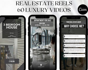 60 Real Estate Reels Videos, property Marketing Posts, real estate Canva Video Templates, Real estate agent Marketing video