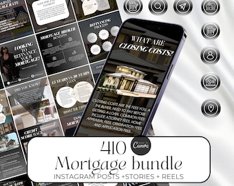 Pode incluir: Um design gráfico em preto e branco com o texto "410 Mortgage bundle" e "Instagram Posts + Stories + Reels". O design gráfico apresenta uma colagem de imagens relacionadas a hipotecas, incluindo uma casa, uma calculadora e um gráfico.