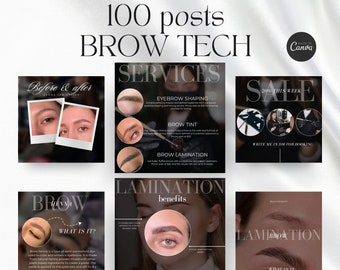 May include: A promotional graphic for brow tech services, featuring text that reads "100 posts BROW TECH." The image showcases before and after photos, service descriptions, and a sale announcement. The Canva logo is visible.