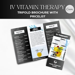 Modelo de canva de folheto com três dobras de terapia com vitaminas IV, folhetos de terapia IV, canva com três dobras de gotejamento | Lista de preços tripla de terapia IV, hidratação iv