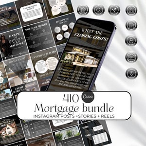 Könnte beinhalten: Ein schwarz-weißes Grafikdesign mit dem Text "410 Mortgage bundle" und "Instagram Posts + Stories + Reels". Das Grafikdesign zeigt eine Collage von Bildern, die mit Hypotheken zu tun haben, darunter ein Haus, ein Taschenrechner und ein Diagramm.