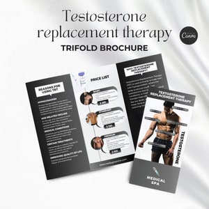 Broszura trifold o terapii zastępczej testosteronem, trifold o terapii zastępczej testosteronem, ulotki o terapii zastępczej testosteronem, ulotka trifold o terapii zastępczej hormonem canva, marketing TRT