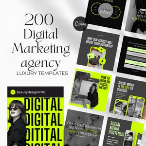 200 Digital Marketing Agency Social Media Posts Canva Marketing agency | Marketing bundle, branding kit| Marketing Template instagram neon