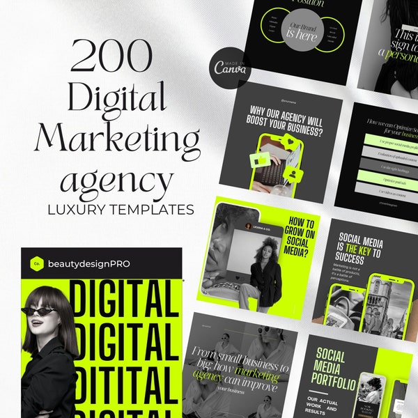 200 Digital Marketing Agency Social Media Posts Canva Marketing agency | Marketing bundle, branding kit| Marketing Template instagram neon