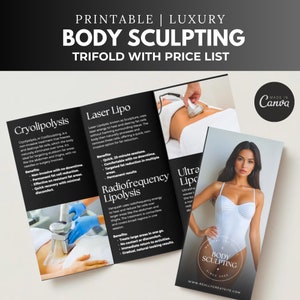Può includere: Un opuscolo a tre ante che pubblicizza servizi di scultura del corpo. Il opuscolo presenta immagini dei diversi trattamenti offerti, tra cui la criolipolisi, la lipo laser e la lipolisi a radiofrequenza. Il opuscolo include anche un listino prezzi e informazioni di contatto.