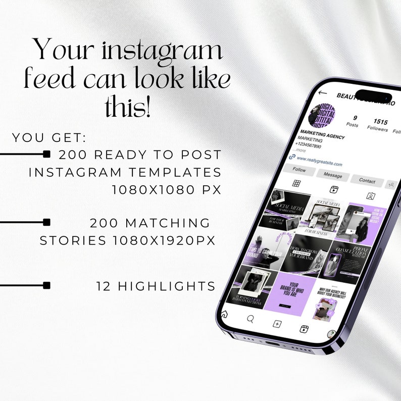 May include: A smartphone mockup displaying a grid of social media posts with a purple and black color scheme. The text "200 READY TO POST INSTAGRAM TEMPLATES 1080X1080 PX" is displayed on the left side of the image. The text "200 MATCHING STORIES 1080X1920PX" is displayed below the first text. The text "12 HIGHLIGHTS" is displayed below the second text.