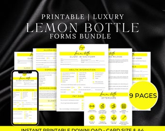 Puede incluir: Paquete de formularios imprimibles Lemon Bottle, un conjunto de 9 páginas, que incluye un formulario de admisión del cliente, información sobre la salud, disolución de grasa, atención posterior, y más. Los formularios están diseñados con un esquema de color amarillo y negro y presentan un logotipo de limón.