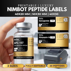 May include: A clear glass vial with a silver cap featuring a black and gold label for BPC-157, alongside two additional rectangular labels for Semaglutide and Kisspeptin-10, and a small thermal printer, with text indicating 40x20 mm, 50x30 mm, and 40x30 sizes.