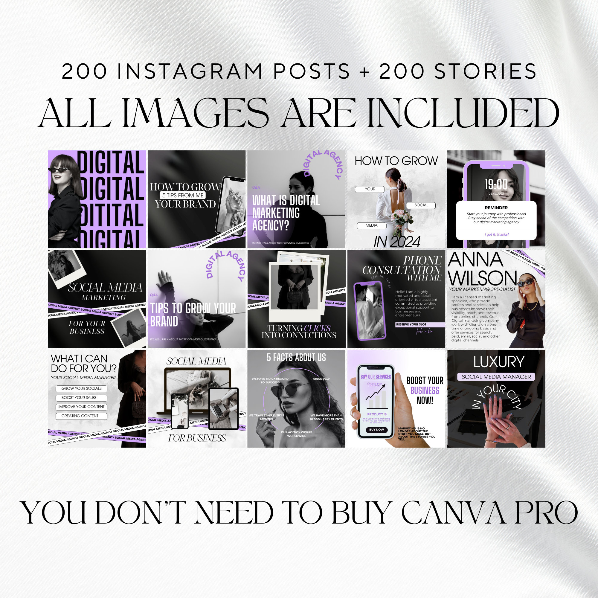 400 Digital Marketing Agency Bundle Social Media Posts Canva Purple ...