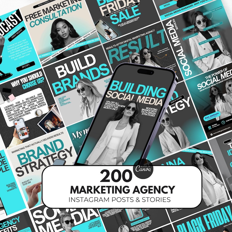 Puede incluir: Un collage de im&aacute;genes que promocionan servicios de marketing en redes sociales para empresas. Las im&aacute;genes presentan una variedad de dise&ntilde;os con un esquema de color negro y turquesa. El texto incluye frases como "Construyendo redes sociales", "Consulta de marketing gratuita" y "Resultados despu&eacute;s de la agencia de marketing digital".