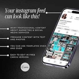 Puede incluir: Una captura de pantalla de un tel&eacute;fono m&oacute;vil que muestra una fuente de medios sociales con varias publicaciones sobre marketing de medios sociales. Las publicaciones incluyen texto e im&aacute;genes, y la fuente est&aacute; organizada en una disposici&oacute;n de cuadr&iacute;cula. El tel&eacute;fono est&aacute; sobre un fondo oscuro.