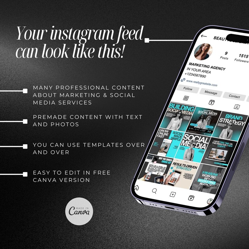 Puede incluir: Una captura de pantalla de un tel&eacute;fono m&oacute;vil que muestra una fuente de medios sociales con varias publicaciones sobre marketing de medios sociales. Las publicaciones incluyen texto e im&aacute;genes, y la fuente est&aacute; organizada en una disposici&oacute;n de cuadr&iacute;cula. El tel&eacute;fono est&aacute; sobre un fondo oscuro.