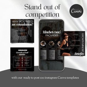May include: A black and white graphic with the text "Stand out of competition" and "Why you need my consultation?" with a list of benefits. The graphic also includes a black and white image of a woman with the text "Mindset coach packages" and a list of packages with prices. The graphic also includes a black and white image of a woman with the text "Growth Mindset Benefits" and a list of benefits.
