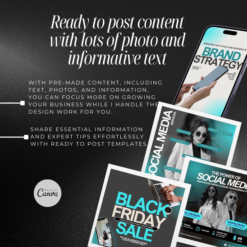 Puede incluir: Un collage de cuatro plantillas de publicaciones en redes sociales con fondo negro y acentos turquesa. Las plantillas presentan texto como "Estrategia de marca", "Servicios de redes sociales", "Venta de Black Friday" y "El poder de las redes sociales".