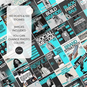 Puede incluir: Una colecci&oacute;n de 100 plantillas de publicaciones e historias para redes sociales con un esquema de color negro y turquesa. Las plantillas presentan superposiciones de texto con frases como "Construir marcas", "Redes sociales", "Crecer en l&iacute;nea r&aacute;pido" y "Estrategia de marca".