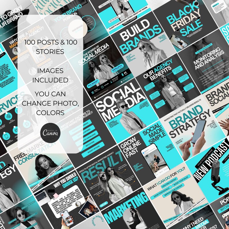 Puede incluir: Una colecci&oacute;n de 100 plantillas de publicaciones e historias para redes sociales con un esquema de color negro y turquesa. Las plantillas presentan superposiciones de texto con frases como "Construir marcas", "Redes sociales", "Crecer en l&iacute;nea r&aacute;pido" y "Estrategia de marca".