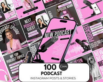 Puede incluir: Una colección de 100 plantillas de publicaciones e historias de Instagram en rosa y negro para podcasters. Las plantillas incluyen micrófonos, títulos de episodios de podcast y superposiciones de texto. El texto "100 Podcast Instagram Posts & Stories" se muestra en un cuadro blanco con un borde rosa.