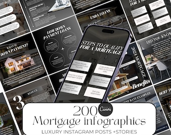 May include: A collage of 200 black and white infographic images with the text "200 Mortgage infographics" and "Luxury Instagram Posts + Stories" in white text. The images are about mortgage information and include topics like "How does a mortgage broker work?", "What is a down payment?", "Low down payment loans", "Steps to qualify for a mortgage", "USDA loans", "2024 Mortgage Benefits", and "Debt-to-income ratio".