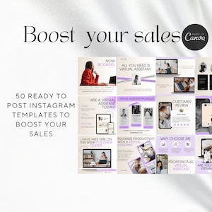 Pode incluir: Uma cole&ccedil;&atilde;o de 50 modelos de postagens do Instagram projetados para impulsionar as vendas de assistentes virtuais. Os modelos apresentam um esquema de cores roxo e branco com texto que inclui "Contrate um assistente virtual hoje!" e "Maximize a produtividade com um assistente virtual".