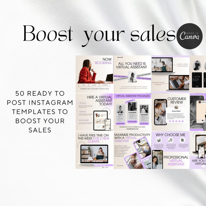Pode incluir: Uma cole&ccedil;&atilde;o de 50 modelos de postagens do Instagram projetados para impulsionar as vendas de assistentes virtuais. Os modelos apresentam um esquema de cores roxo e branco com texto que inclui "Contrate um assistente virtual hoje!" e "Maximize a produtividade com um assistente virtual".