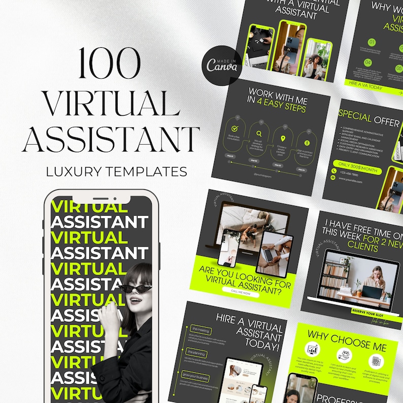 K&ouml;nnte beinhalten: Eine Sammlung von 100 Social-Media-Vorlagen f&uuml;r virtuelle Assistenten. Die Vorlagen sind schwarz und gr&uuml;n mit Text, der "100 Virtuelle Assistenten Luxusvorlagen", "Arbeiten Sie mit mir in 4 einfachen Schritten", "Suchen Sie einen virtuellen Assistenten?", "Stellen Sie noch heute einen virtuellen Assistenten ein!" und "Warum mich w&auml;hlen?" lautet.