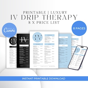 Lista de preços da terapia IV Menu Canva | Lista de preços do modelo de hidratação IV, lista de preços da terapia por gotejamento IV canva, menu de hidratação iv