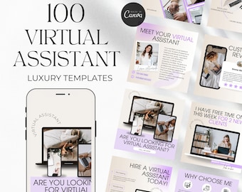 May include: A collection of 100 social media templates for virtual assistants. The templates feature a purple and white color scheme with images of laptops and phones. The text on the templates includes phrases like "Meet Your Virtual Assistant", "Hire a Virtual Assistant Today!" and "Why Choose Me".