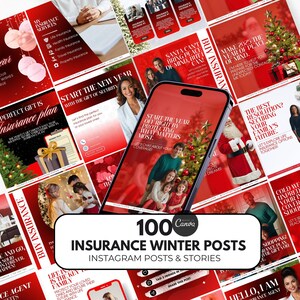 May include: A collage of 100 Instagram posts and stories for insurance agents. The posts feature winter themes, such as snowmen, Christmas trees, and holiday greetings. The text on the posts includes phrases like "Start the year off right by protecting what matters most." and "The best resolution? Securing your family's future."