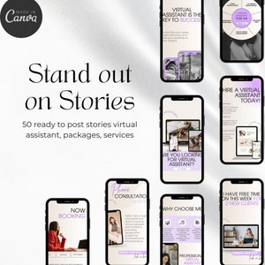 Pode incluir: Uma cole&ccedil;&atilde;o de modelos de hist&oacute;ria do Instagram coloridos para assistentes virtuais. Os modelos apresentam texto como "Stand out on Stories", "Virtual Assistant is the Key to Success", "Hire a Virtual Assistant Today!" e "Now Booking".
