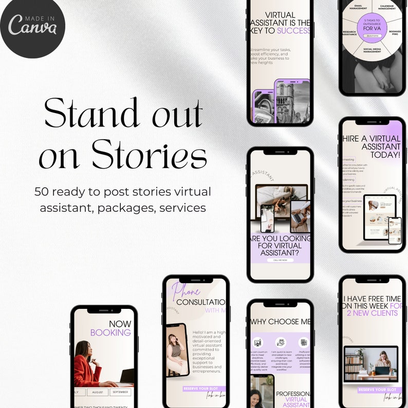 Pode incluir: Uma cole&ccedil;&atilde;o de modelos de hist&oacute;ria do Instagram coloridos para assistentes virtuais. Os modelos apresentam texto como "Stand out on Stories", "Virtual Assistant is the Key to Success", "Hire a Virtual Assistant Today!" e "Now Booking".