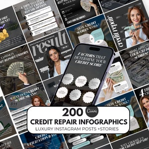 200 modèles instagram d'infographie de réparation de crédit, publications sur les réseaux sociaux de réparation de crédit, modèle de dépliant sur toile de réparation de crédit, modèles de crédit