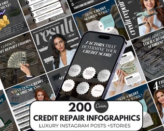 200 Credit repair infographics instagram templates, Credit Repair social media Posts, Credit Repair canva template Flyers, Credit Templates