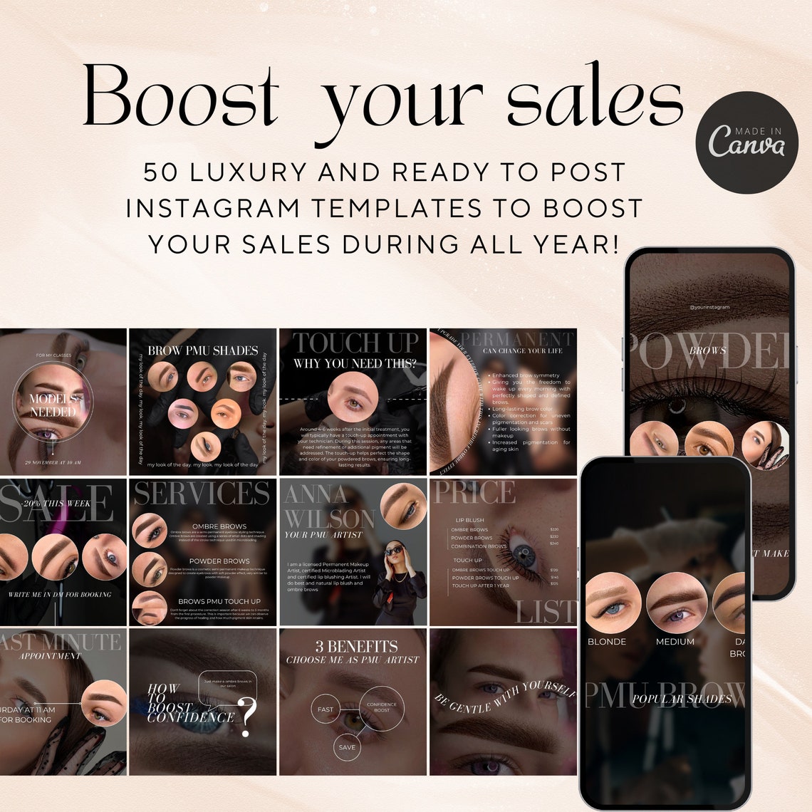 PMU Brows Instagram Template, Microblading Instagram Canva Template ...