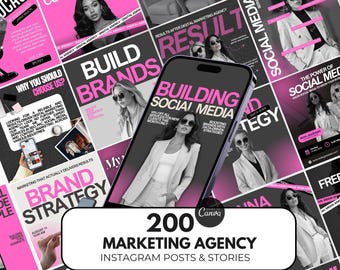 May include: A collage of colorful Instagram posts and stories for a marketing agency. The posts feature images of people, text, and graphics. The text includes phrases like "Build Brands", "Social Media", and "Marketing Strategy".