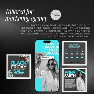 Puede incluir: Cuatro plantillas de publicaciones en redes sociales para una agencia de marketing. La primera publicaci&oacute;n presenta una foto en blanco y negro de una mujer con gafas de sol con el texto "&iquest;C&oacute;mo crecer en las redes sociales?" en un cuadro azul. La segunda publicaci&oacute;n presenta una foto en blanco y negro de una mujer con el texto "&iexcl;Venta de Black Friday!" en un cuadro azul. La tercera publicaci&oacute;n presenta una foto en blanco y negro de una mujer con el texto "Anna Smith" en un cuadro azul. La cuarta publicaci&oacute;n presenta un diagrama con cuatro pasos para comenzar a trabajar con una agencia de marketing.