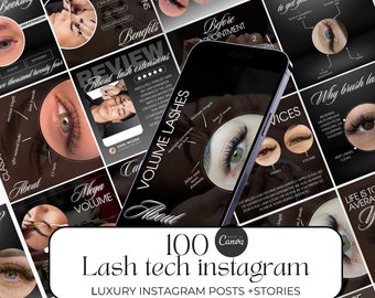 Plantilla de Instagram de Lash Tech, publicaciones de Instagram de artistas de Lash, publicaciones de redes sociales de extensiones de pestañas, Plantilla Canva de Lash Tech