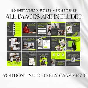 K&ouml;nnte beinhalten: Eine Collage aus 12 Instagram-Posts, die virtuelle Assistentendienste bewerben. Die Posts haben ein Schwarz-Gr&uuml;n-Farbschema mit Text, der "Heuern Sie einen virtuellen Assistenten noch heute an!" und "Warum brauchen Sie einen virtuellen Assistenten?" beinhaltet.