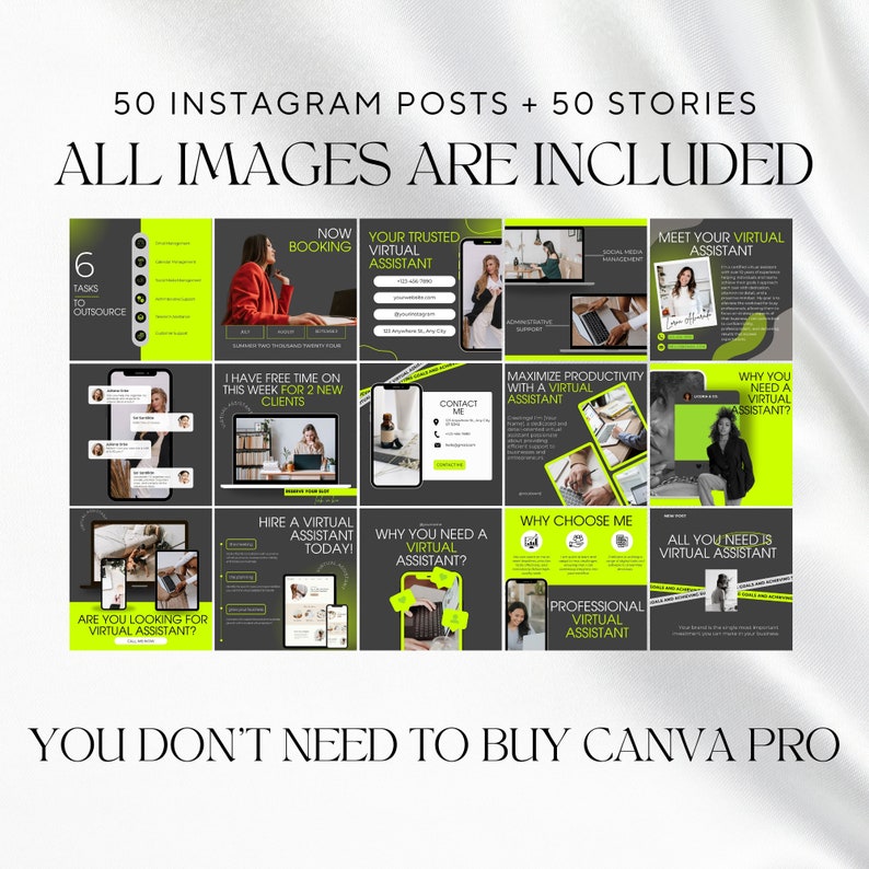 K&ouml;nnte beinhalten: Eine Collage aus 12 Instagram-Posts, die virtuelle Assistentendienste bewerben. Die Posts haben ein Schwarz-Gr&uuml;n-Farbschema mit Text, der "Heuern Sie einen virtuellen Assistenten noch heute an!" und "Warum brauchen Sie einen virtuellen Assistenten?" beinhaltet.