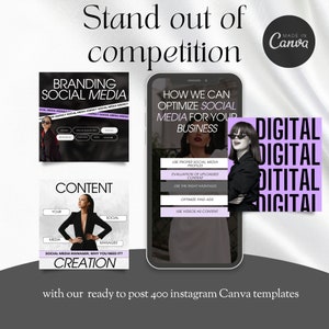 May include: A set of four Instagram post templates with a black and white color scheme. The templates feature a woman wearing a black blazer and sunglasses. The text on the templates includes "Branding Social Media", "Content Creation", "How We Can Optimize Social Media For Your Business", and "Digital Digital Digital Digital".