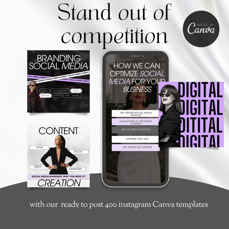 May include: A set of four Instagram post templates with a black and white color scheme. The templates feature a woman wearing a black blazer and sunglasses. The text on the templates includes "Branding Social Media", "Content Creation", "How We Can Optimize Social Media For Your Business", and "Digital Digital Digital Digital".